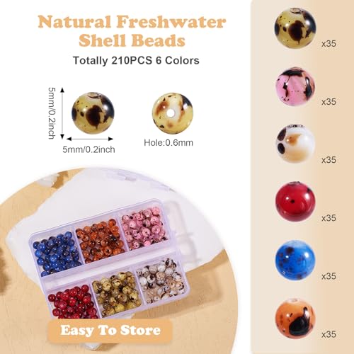 210Pcs Natuurlijke Zoetwater Shell Kralen 5mm Ronde Drawbench Shell Kralen 6 Kleuren Losse Spacer Kralen Seashell Kralen Bulk voor DIY armband ketting sieraden maken 4