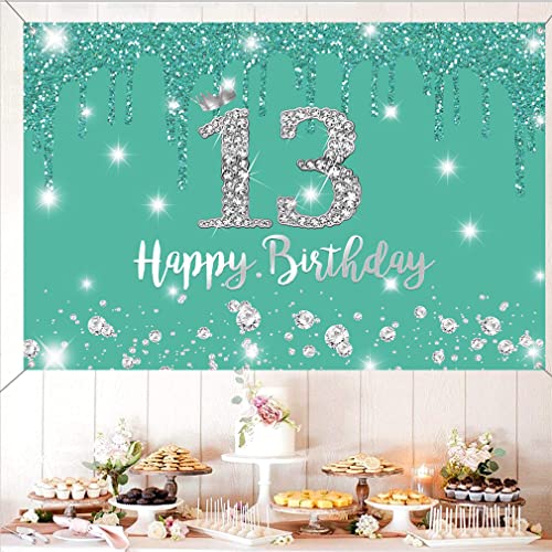 13e verjaardag meisje decoratie,13e verjaardag Banner,13e verjaardag Verjaardag Stof Tekenposter,13e verjaardag Achtergrond Banner Verjaardag Party Decoratie Cake Tafel Banner Accessoires,Turquoise 4