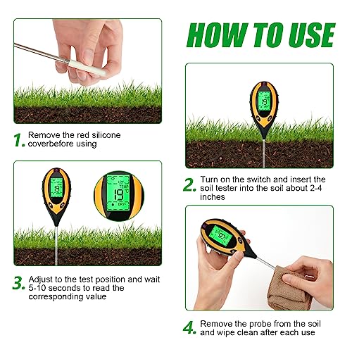 Vloertester, 4-in-1 pH-meter, digitale plantthermometer, met verlichting, temperatuur/ pH van de bodem/bodemvochtigheid, tuinhygrometer, 4-in-1 bodemtester 4