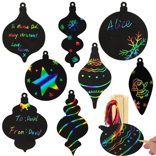 24st Kids Scratch Art Baubles Krasende en winnende Rainbow Decoratie Kerstboom Bamboe Pennen en Ribbon voor Hanging Gift Party DIY (A)