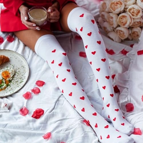 1 paar witte hoge hoge sokken rode hart knie hoge sokken met Bows Opaque Over knie witte sokken voor vrouwen Valentijnsdag Kerst Halloween Party Gifts, White & Red, 37-40 EU, wit & rood 5