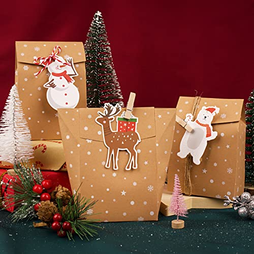 Verpakking van 24 kerstcadeauzakken gemaakt van kraftpapier met basis, geschenkzakken met houten clips en koord, papieren zakken voor kerstcadeauverpakking etc. 4