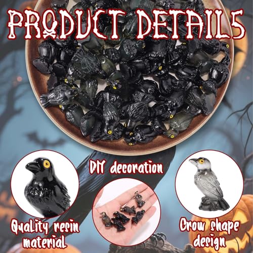 100 st. Mini Resin Crow Figuren, Glow in the Dark Halloween Figuren Black Raven Figurines Small Resin Animal voor binnen Halloween Scene Decoratie 4