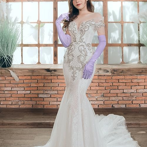 2 st Lange Elbow Satijnen Handschoenen, 53 cm Stretchy Lange Handschoenen Opera Handschoenen Avond Dans Partij Handschoen voor Vrouwen (Paars), paars 5