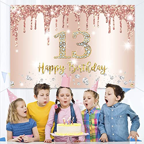 13e verjaardag decoratie voor meisjes, Banner Rose Gold 13e verjaardag stof sign poster, gelukkig 13 verjaardag achtergrond Banner meisje verjaardag feest decoratie 4