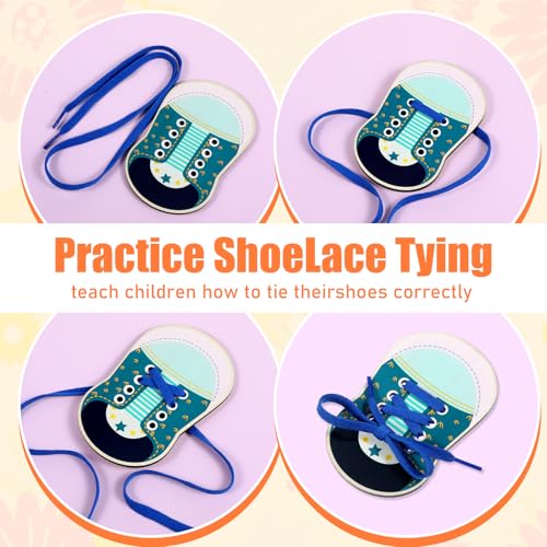 Pack van 2 houten Lace Up Schoenen Bow Leather Kids Oefenen Threading en Tyring Laces Kids Oefenen Lacing Leather Board Speelgoed (blauw) 3