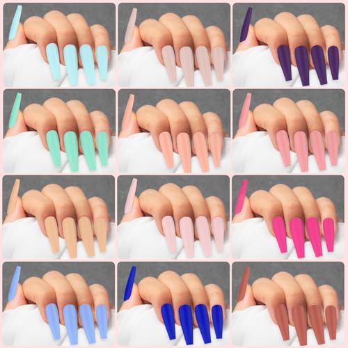 576 Stukken Plain Valse Nails 24 Kleuren Matte Valse Nails Pers op Nails Medium Lengte Coffin voor Nail Printing Ballerina Volledige dekking Pers op Nails Kit (B) 3