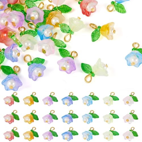 42 st. Transparante Lily Glazen Hangers met Parels Sprayed Helder Bloemen Blaadjes Bedels met Leaf voor DIY Handgemaakte oorbellen Ketting sieraden maken, Glas
