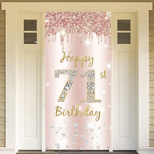 71ste verjaardag decoratie vrouwen, gelukkig 71ste verjaardag deur Banner Rose Gold,71st Verjaardag Stof Tekenposter Deur Decoratie,71e Verjaardag Achtergrond Banner Dames,Birthday Party Welkom Teken