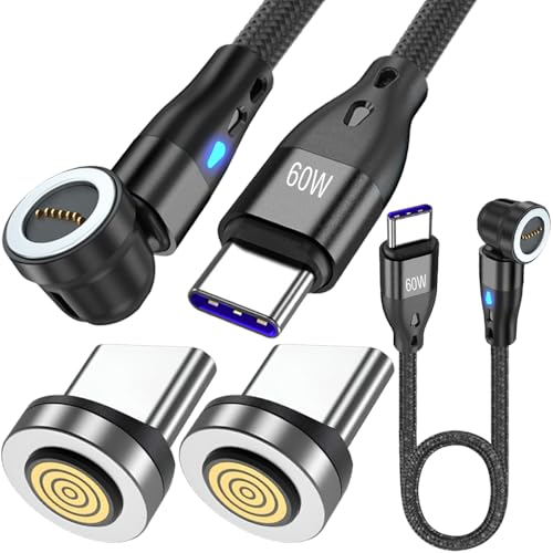 7-pins PD 60 W magnetische oplaadkabel, 540° draaibare Type-C naar Type-C magnetische telefoonkabel met LED-lampje, met 7-pins Type-C magnetische tips