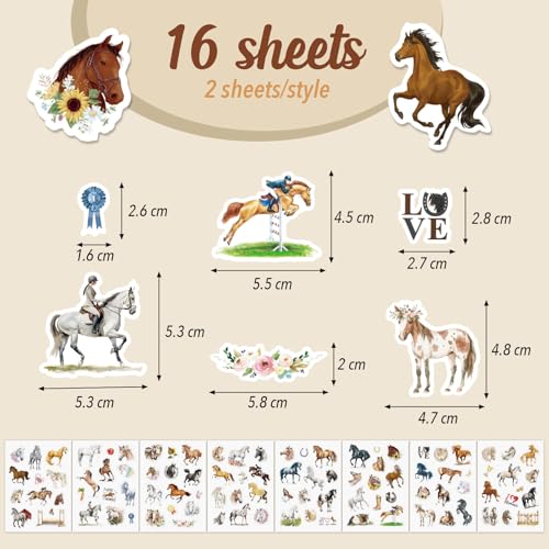 16 vellen paardenstickers, stickers voor kinderen, meisjescadeau, verjaardagsdecoratie en verjaardagscadeau voor kinderen