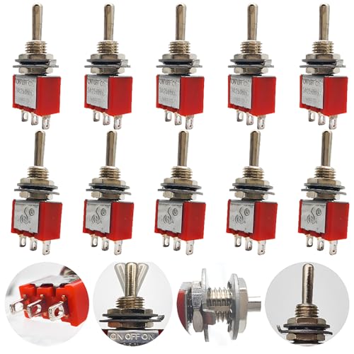 Mini-aanschakelschakelaar AC 125 V 6 A / 250 V 2 A SPDT ON-OFF-ON, 3 Pins, 3 Positions, Voor schepen en instrumentenbord, Rood, 10 stuks