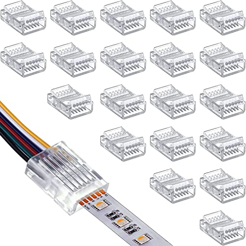 Verpakking van 20 LED Strip Connector, 6 Pin, 12 mm, LED Solder-free Strip Connector, 6 Pin Connector, voor 12 mm RGB WW of RGB+CCT LED 5 V 12 V 24 V (transparant)