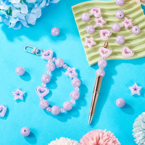 24st Paarse ster en hart Acryl kralen Ronde met ster patroon Spacer kralen Holle ster / hart kralen in kralen voor DIY armband ketting sieraden maken