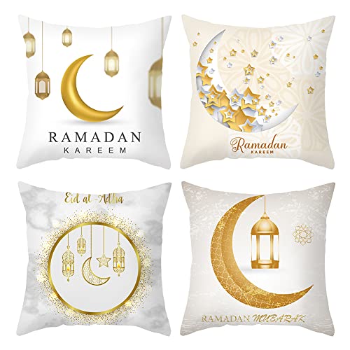 Set van 4 Ramadan Kussenhoesjes 45 x 45 cm Eid Mubarak Kussenhoes Decoratie Eid Ramadan Gooi Kussenhoesjes Gouden Maan Sterren Lantaarn Kussenhoes Decoratieve Kussenhoes Moslim