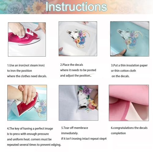 6 Stuks Koe Skulls Thema warmteoverdracht Stickers, Floral Iron op transfers Patches Plastic Heat Transfer Sticker Kleding Reparatie Toepassing voor T Shirt Jassen Sweatshirt Rugzak 4