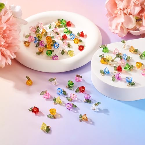 10 Kleuren Lily Bloemen Hangers Transparante Acryl Lily van de Valley Petal Bedels met blad voor DIY oorbellen Ketting Bevindingen Bulk sieraden maken leveringen, messing, messing 3