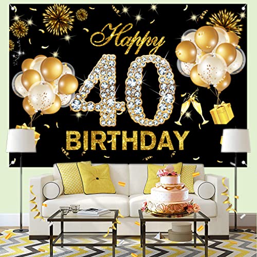 40e verjaardag decoratie voor vrouwen, zwart en goud glitter vlekken stof teken poster verjaardag feest decoratie, 40e verjaardag achtergrond banner vrouw, 40e verjaardag feest decoratie 3