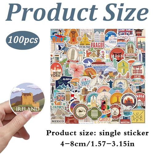 World Travel Stickers, 100 stuks Stickers Vakantie koffer Stickers Beroemde symbolen Bezienswaardigheden Reizen Stickers Waterdichte Vintage Travel Sticker Set voor koffer, auto, fiets, laptop, helm