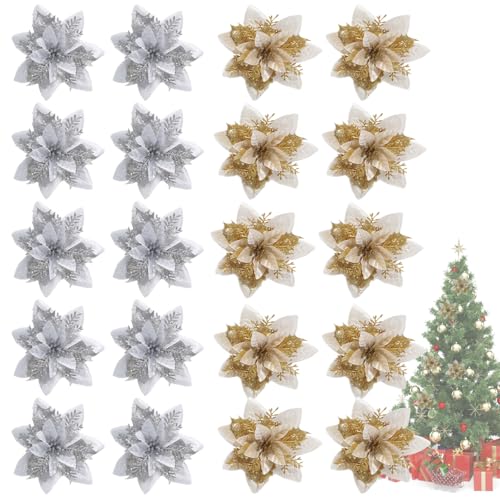 20 Stuks Kerstmis Glitter Kunstbloemen, Kerstmis Glitter Bloemen, Kerstboom versiering Bloemen, Geschikt voor het versieren van Kerstbomen, Kerstmis Decoratie Accessoires