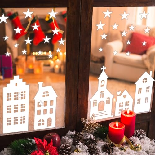 6 Vellen Groot formaat Kerststerren Stickers Herbruikbare Xmas Building Window Clings PVC Static Zelfklevende Sticker voor Kerstmis Winter Decoraties Party Ornamenten 4