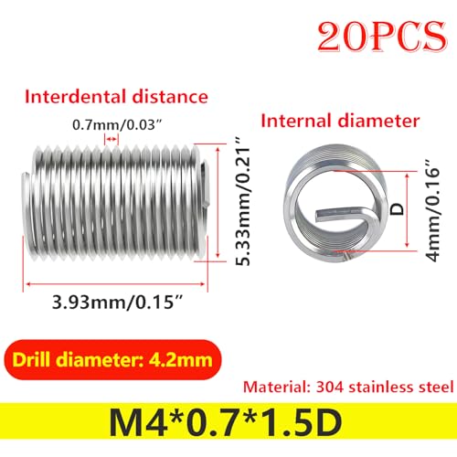 20 st draad invoegt, reparatie draad invoegen, M4 x 0,7 mm x 1,5D draad invoegen, roestvrij staal draad invoegen