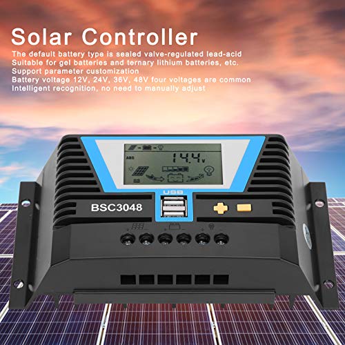Solar Regulator, 30 A, Solar Charge Controller, 12 V, 24 V, 36 V, 48 V, Solar Panel voor BSC3048 Batterijen met dubbele USB-aansluiting, 5 V/2 A 4