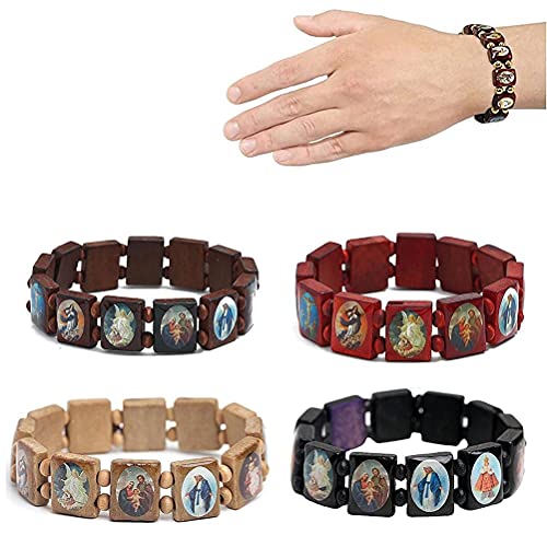 Knowoo katholieke religieuze armbanden met verschillende kleuren afbeeldingen van heiligen, Jezus en Maria I houten stretchable armband I Katholieke geschenken armbanden I religieuze armband, 2,17 inch,, Hout