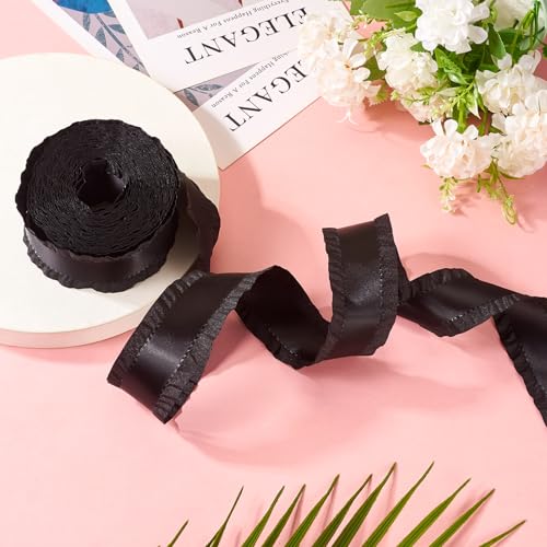 1 Rolls Black Polyester Ruffle Ribbon 1-5/8" x 10 Yd Ruffle Edge Ribbon Thin Ribbon for Wrapping Crafts Present Holiday Party Clothing Making DIY Supplies Decoraties 3