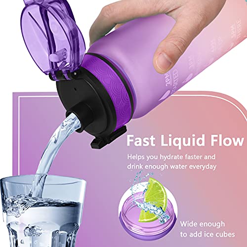 Sport Waterfles 1000 ml Tritan BPA Gratis met stro en tijdstempel voor volwassenen Sport Fitness School kleurverloop paars/oranje 5