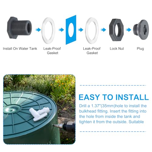 PVC Bulkhead Fitting met Plug NPT 3/4 inch, 2 stuks Bulkhead Water Tank Connector met Silicone Seal Pakking Tuinslang Fitting met Plug voor Regenemmer, Spoelen, Aquariums, Grijs 4