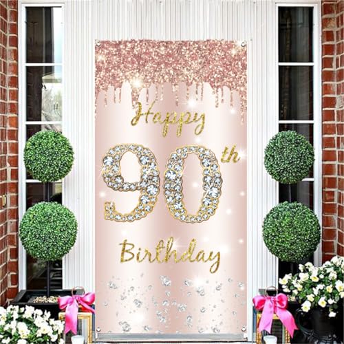 90e verjaardag decoratie vrouwen, gelukkig 90e verjaardag deur Banner Rose Gold,90e Verjaardagsstof Tekenposter Deur Decoratie,90e verjaardag achtergrond Banner Dames,Vogelfeest Welkom Teken 5