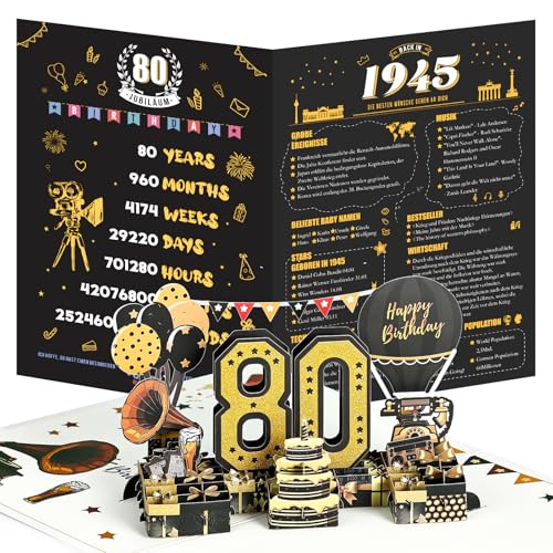 80e verjaardagskaart, 1945 Jaar Anniversary Card, 3D Pop Up Groetkaarten met envelop, Vintage verjaardagsgeschenken voor echtgenoot en vrouw
