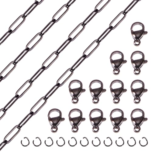 5M roestvrij staal paperclip ketting 12x4x1mm Black Oval Metal Kabel ketting armband ketting maken Kit met Jump Rings Klauw sluitingen voor DIY Sieraden maken
