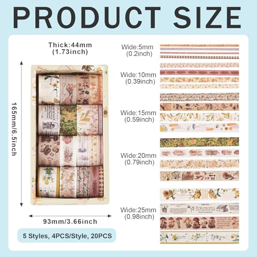 20 Rolls Washi Tape Set Gekleurde Masking Tape Bos Bloem Paddestoel Brief Retro Decoratief Zelfklevende Sticker voor Scrapbooking Bullet Journals Present Wrapping DIY Crafts Book Planner 5