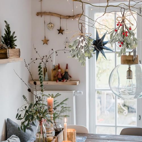 Kersttakken om op te hangen, kerstdecoratie met bessen, kunstmaretakstelen met glitter, hangende inrichting, wit 3