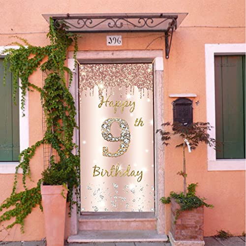 9th Birthday Girl Decoration, Happy 9 Birthday Rose Gold Door Banner, 9th Birthday Fabric Sign Poster Decoration Banner, 9th Birthday Achtergrond Banner Birthday Party Decoration 4
