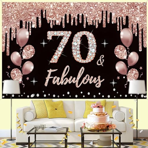 70e verjaardag decoratie voor vrouwen, 70e verjaardag decoratie zwart en rose goud glitter vlekken stof schild plaard 70e verjaardag achtergrond banner vrouw 70e verjaardag feest decoratie 5