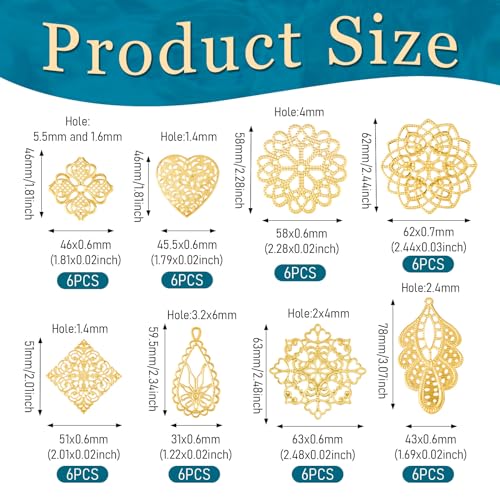 48st Filigraan Joiners Gold Flower Heart Iron Link Charms Hollow Metal Vintage Wrap Connector voor ketting Vrouwen bengelen oorbellen ambachtelijke sieraden maken DIY haarspeld versiering,, metaal, Nee 5