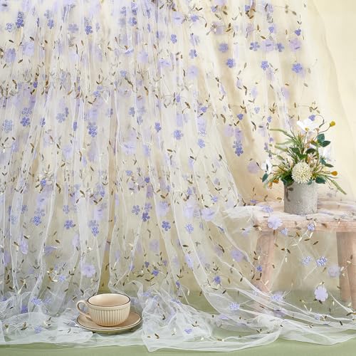 6 meter Geborduurde bloemstof, 1,3 m ras verzorgd kan afwerkingsweefsel van nettof vezelborduurwerk tule stof mest mest mest materiaal voor juuren knutselwerk gordijnen, lila