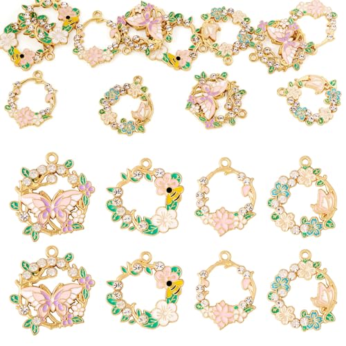 16 Stuks Bloem Email Charms Krans Foral met vlinder Dangle Charm Spring Rhinestone metalen hangers Hang Ornament voor sieraden Craft Ketting Keychain DIY Oorbellen vrouwen