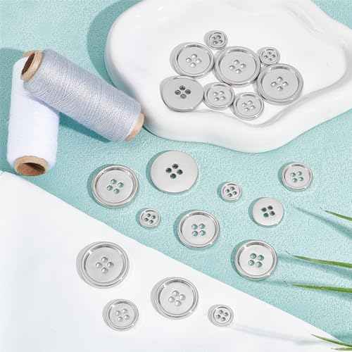 20 stuks 4 maten 4-gaats zinklegering knoppen, platte ronde metalen naaiknop voor pak shirts jassen kleding decoratie ambacht, platina, diameter: 10-22,5 mm 4