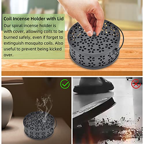 Mosquito Coil Holder, Citronella Spiral Coil Incense Burner met deksel handvat Classic metalen Incense Stick Holder voor Home Garden Indoor Outdoor, met schoonmaakborstel (zwart) 5