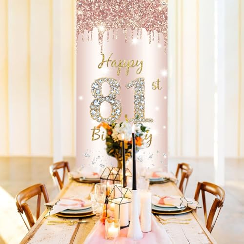 81ste verjaardag decoratie vrouwen, gelukkig 81ste verjaardag deur Banner Rose Gold,81st Verjaardag Stof Tekenposter Deur Decoratie,81ste Verjaardag Achtergrond Banner Dames,Voerdag Partij Welkom Teken 5