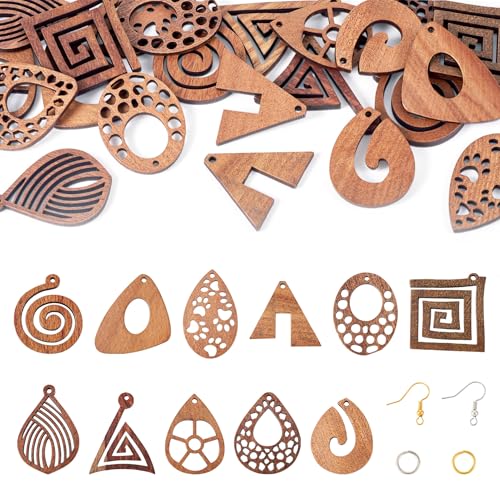 22 st. Natuurlijke houten bedeltjes Teardrop Oval Rhombus Dangle Charms Bruin Houten Hangers met Jump Rings Oorbellen Hooks voor Craft Ketting sieraden armband DIY, Hout, geen edelsteen