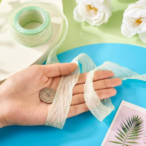Gerimpelde Chiffon Ribbon 25mm Tulle Ribbon Gekromde Lace Libbons met bedrade rand voor het maken van bruiloft kransen decoratie, licht groen 5