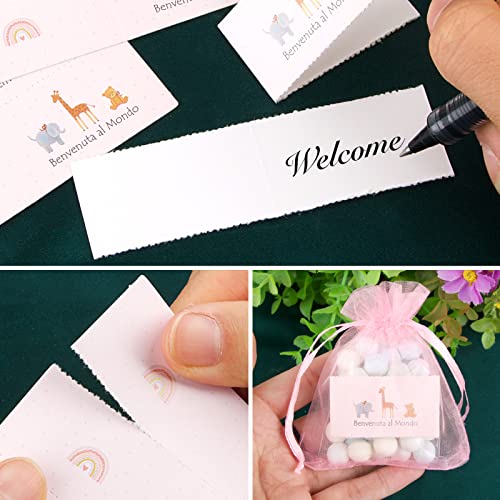 50 stuks Organza Tassen met 50 Benvenuto Cadeau Hangers en 100 Plastic Tassen voor Cadeauverpakking (Roze) 4