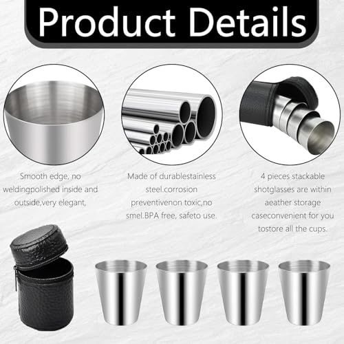 8 stuks roestvrij stalen bekers 30ml roestvrij stalen bekers Stapelbare Hip Cup met 2 lederen zakken Drinkbeker Roestvrij stalen beker draagbare metalen beker Ideaal 3