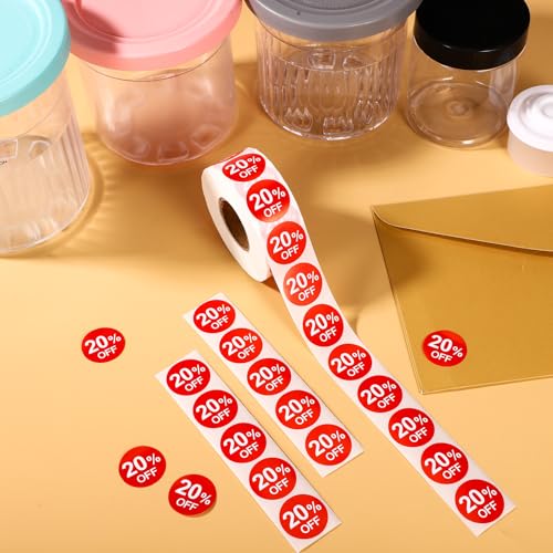1000st 20% Kortingssticker, 25mm Ronde Zelfklevende 20 Procent Korting Stickers Praktische promotielabels Verkooplabels voor winkels Supermarkten (Rood) 3