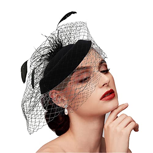 Fascinator hoed Vintage Veil Hat 50s bruiloft hoed pil Box Hoeden Veren Mesh gezicht Veil Hat Tea Party Headwear bruiloft Fascinator voor meisjes vrouwen, zwart